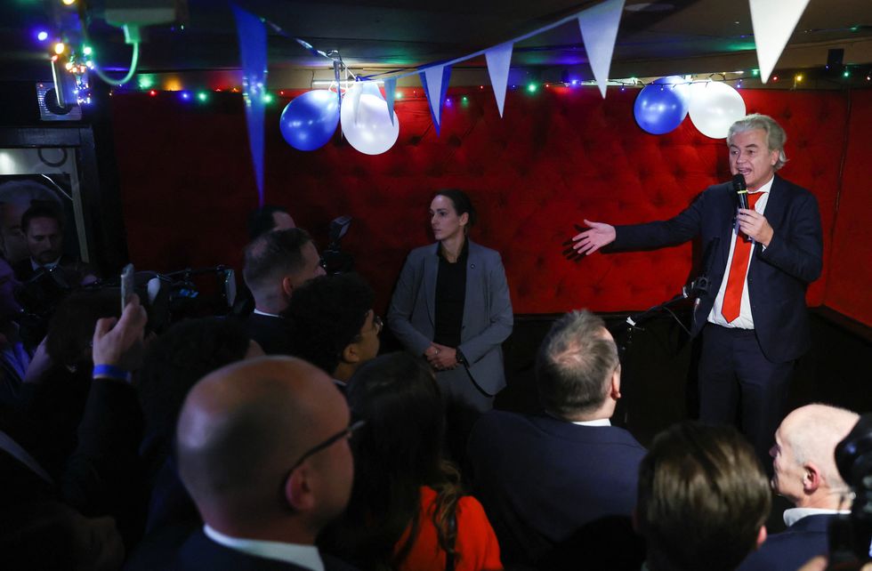 Dutch far-right politician and leader of the PVV party, Geert Wilders speaks as he reacts to the exit poll