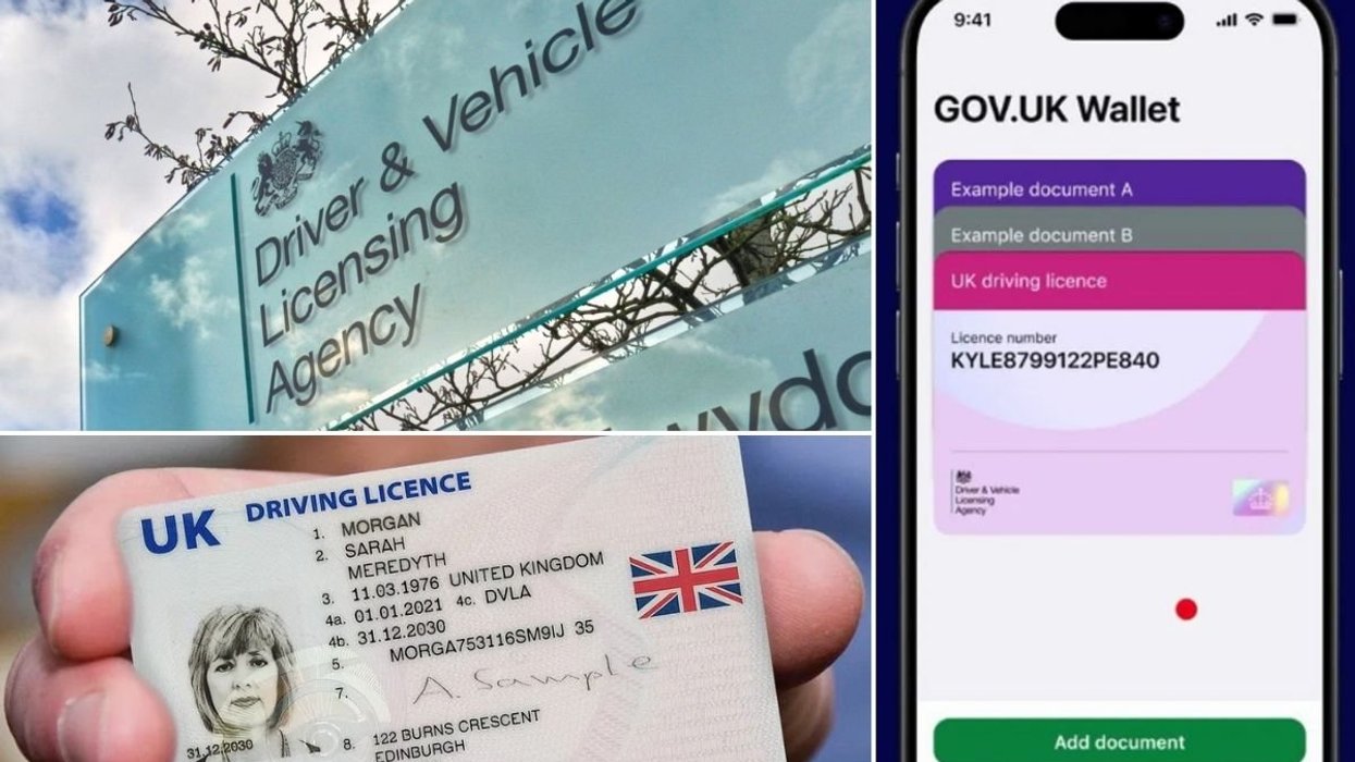 DVLA sign, digital driving licence and a physical driving licence