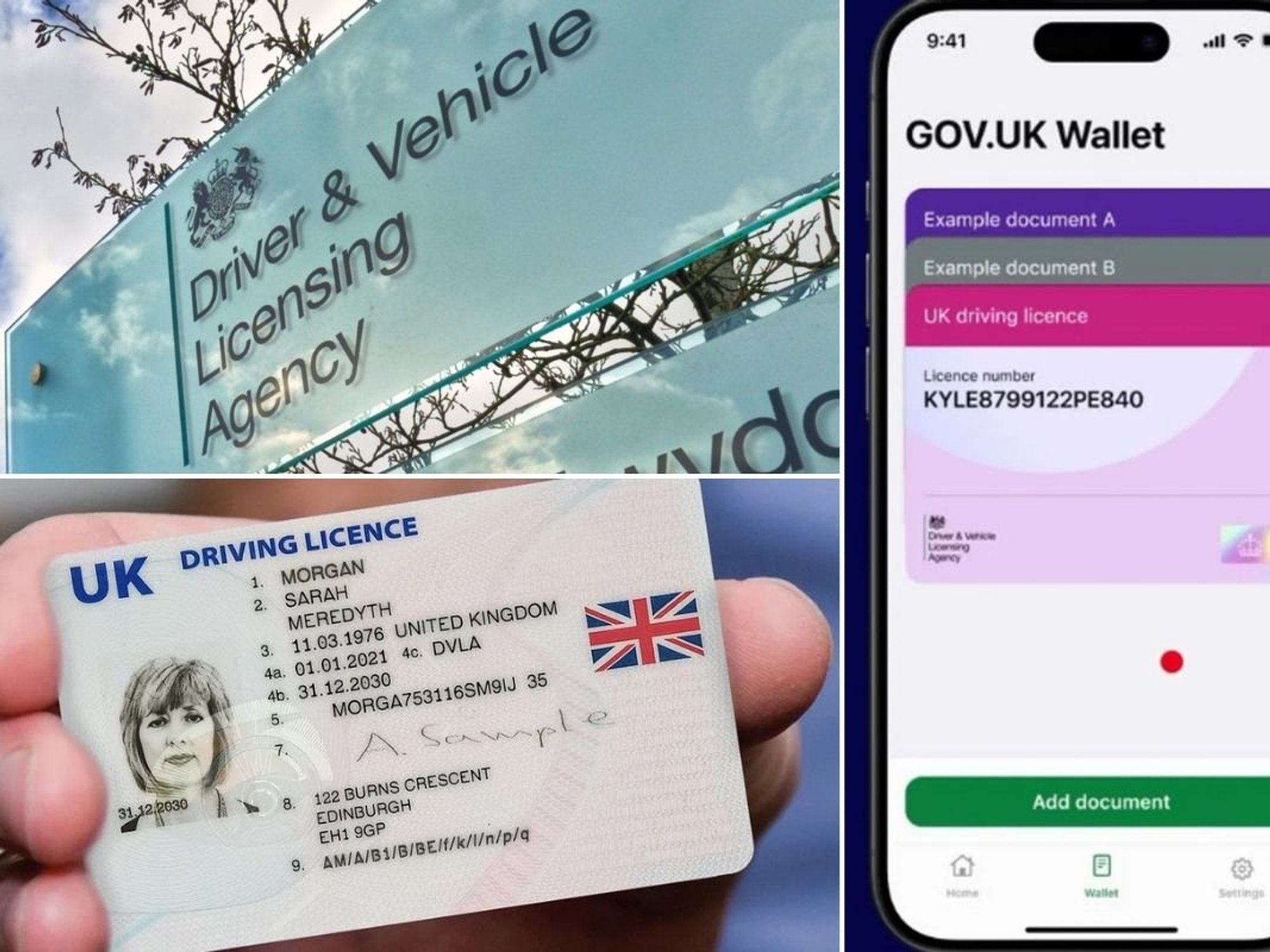 DVLA sign, digital driving licence and a physical driving licence