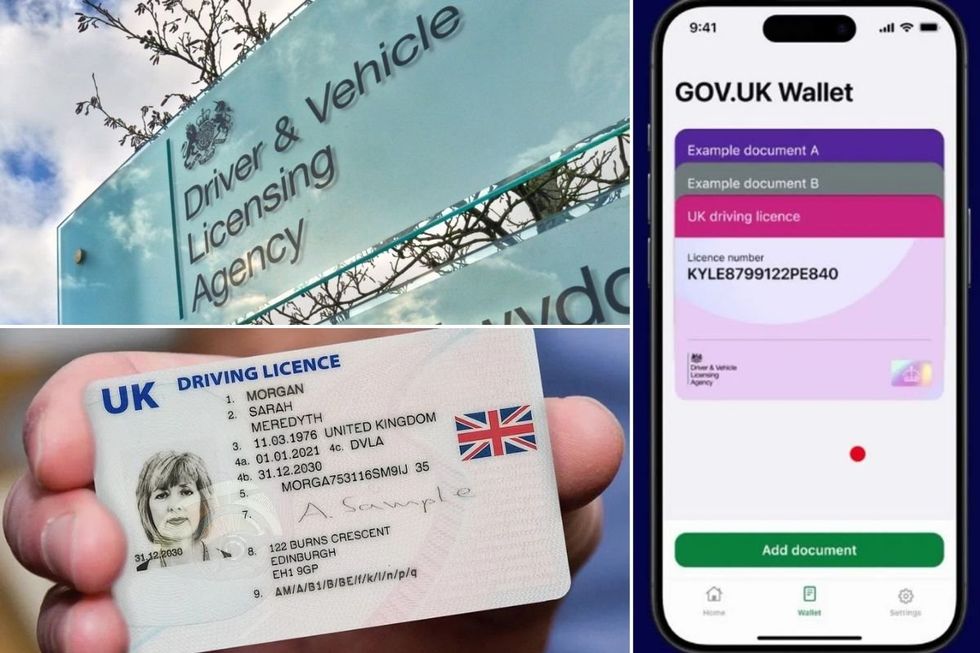 DVLA sign, digital driving licence and a physical driving licence
