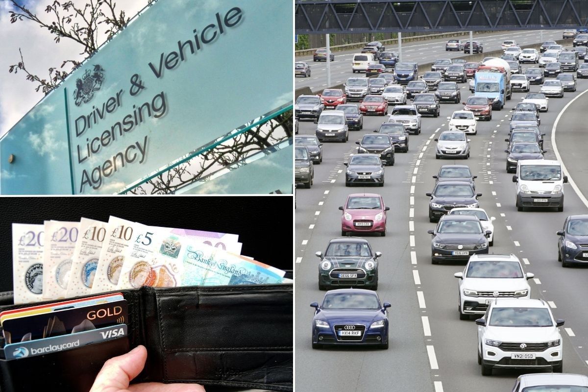 DVLA sign, motorway and a wallet full of cash