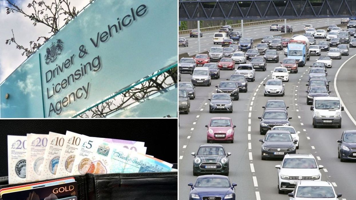 DVLA sign, motorway and a wallet full of cash
