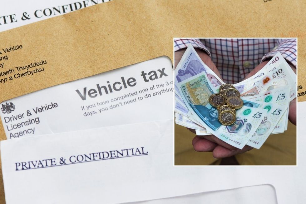 DVLA vehicle tax reminder and a man holding British cash in his hands