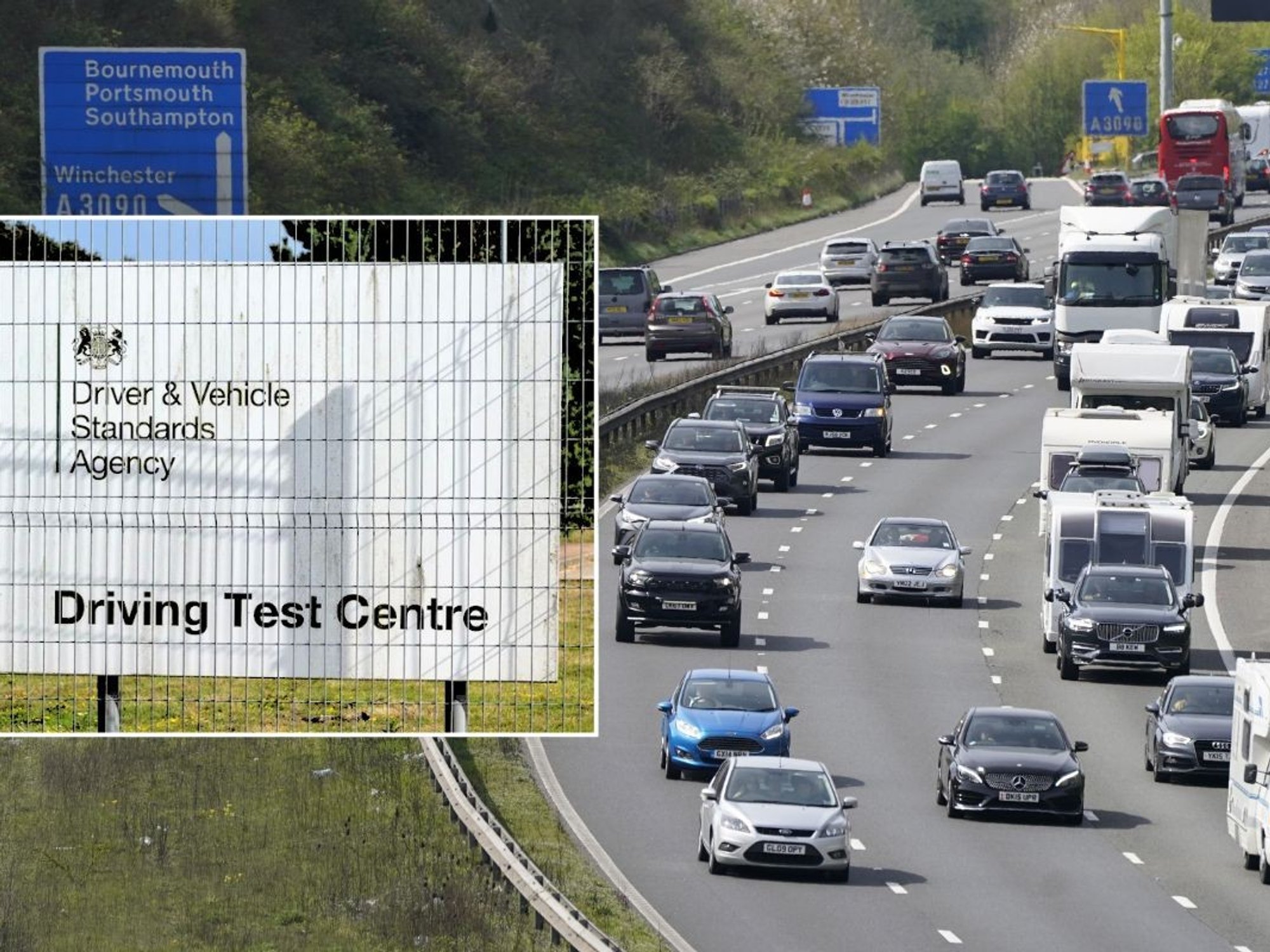 DVSA driving test sign and a busy road