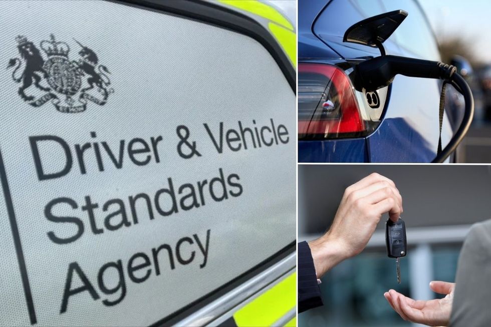 DVSA sign, an electric car charger and a pair of car keys