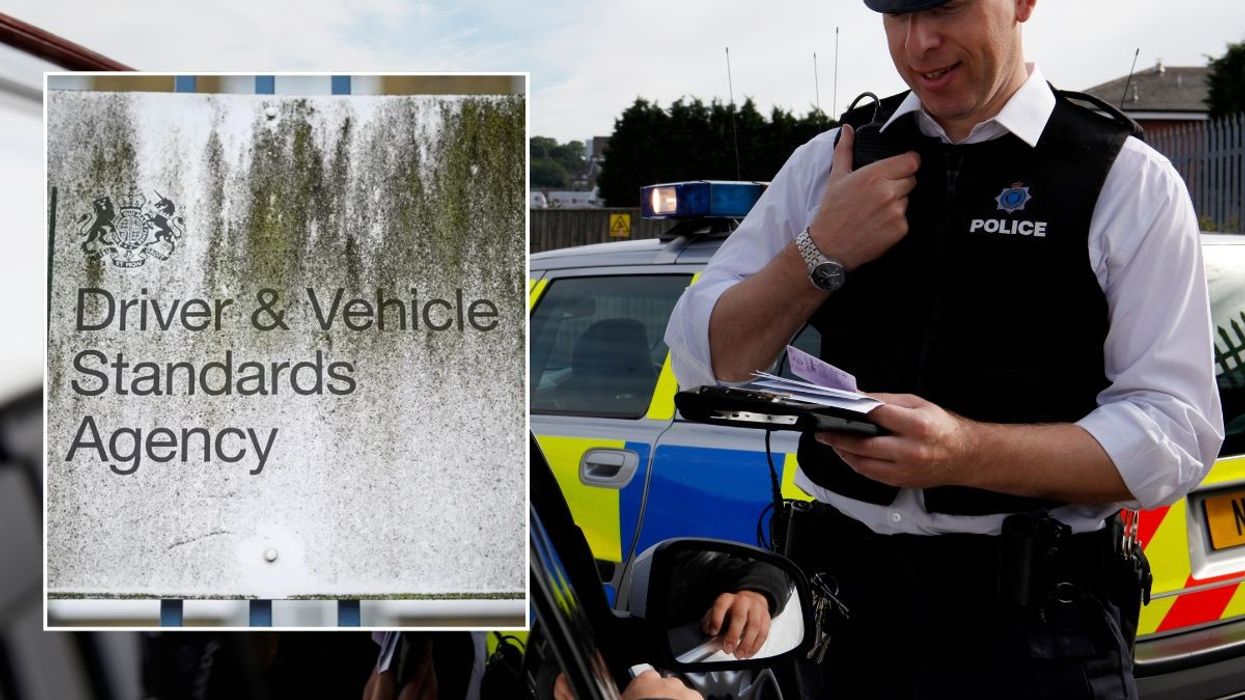 DVSA sign and a police officer pulling a driver over