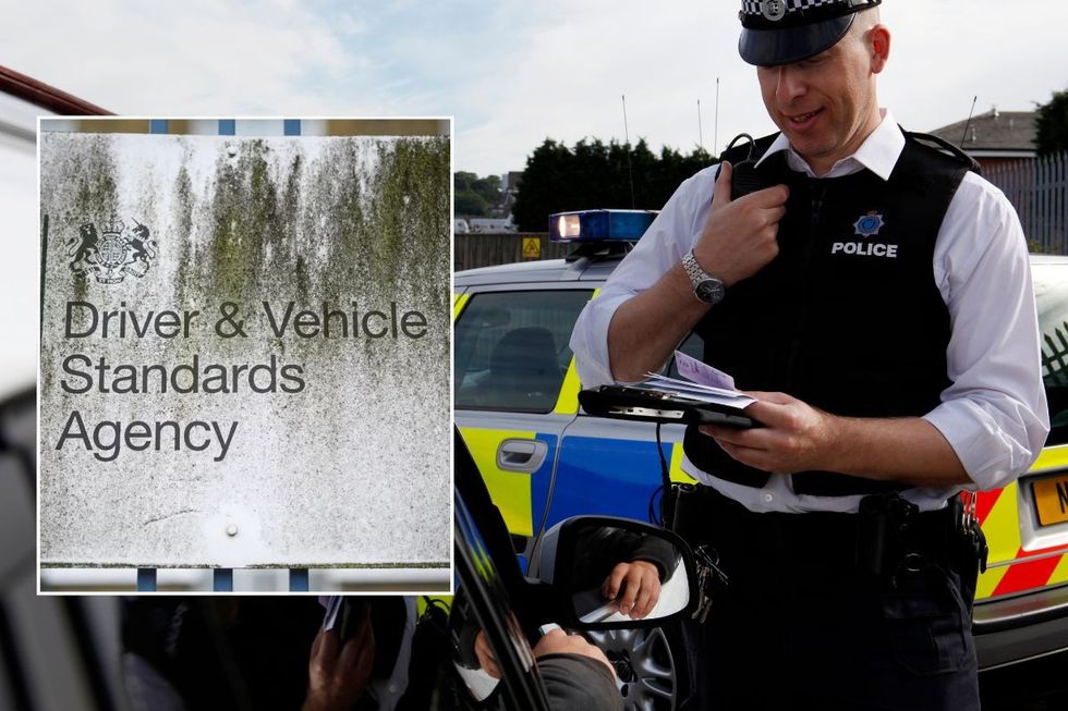 DVSA sign and a police officer pulling a driver over