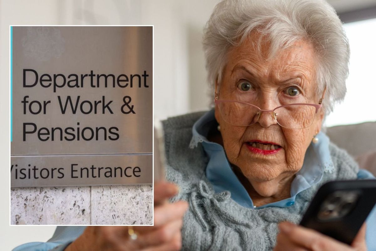 DWP logo and pensioner holding phones