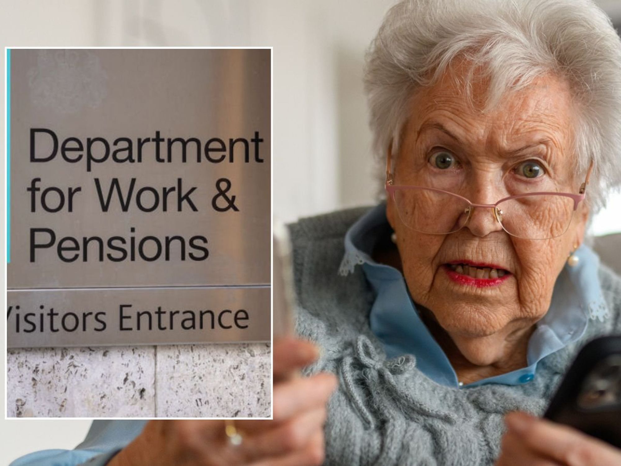DWP logo and pensioner holding phones