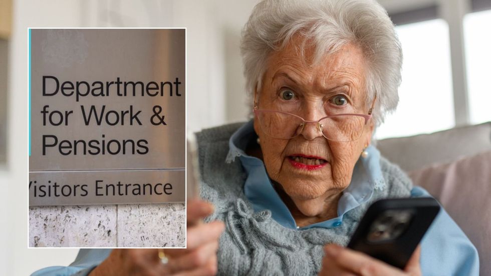 DWP logo and pensioner holding phones