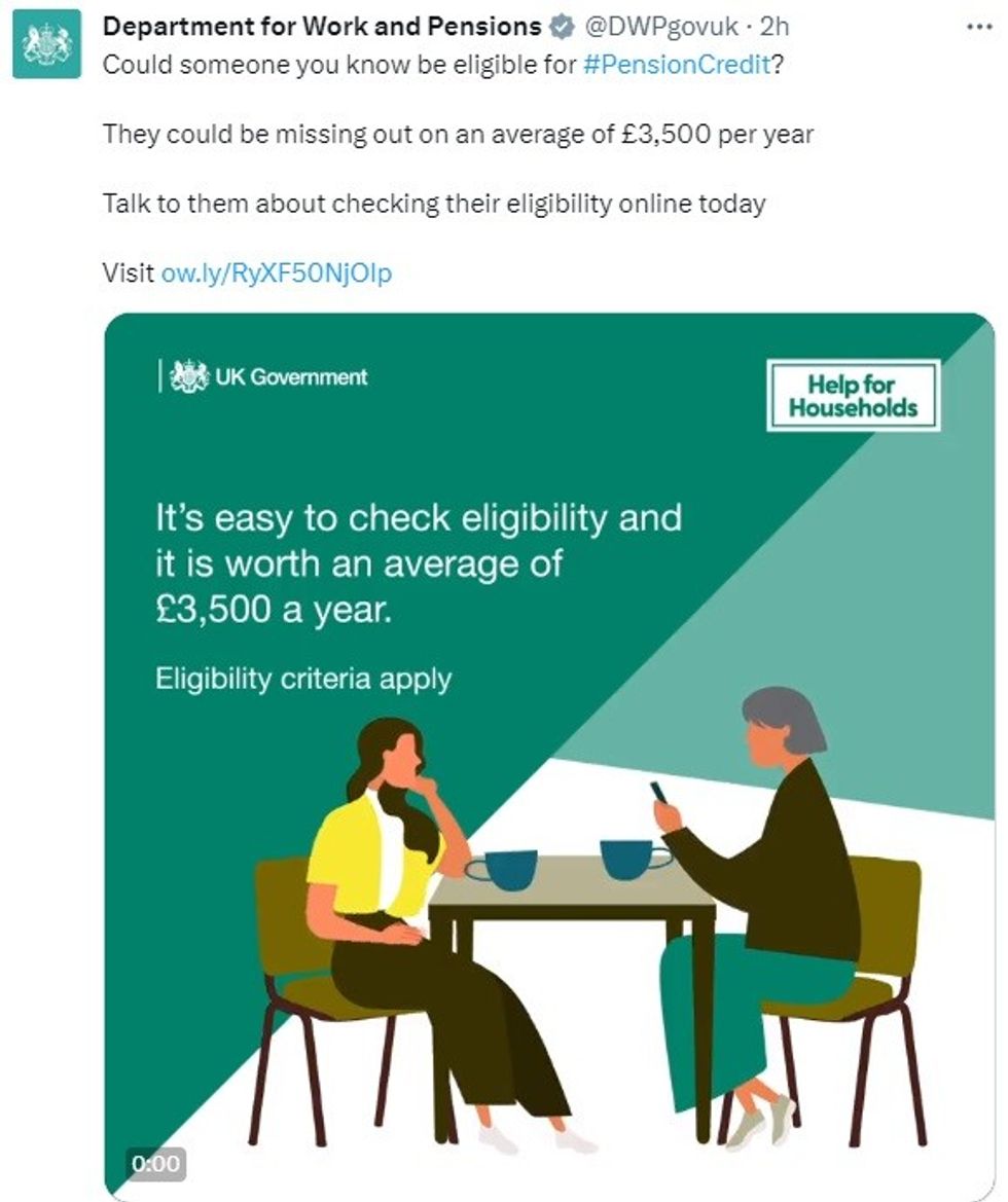 DWP post about claiming Pension Credit on X, formerly known as Twitter
