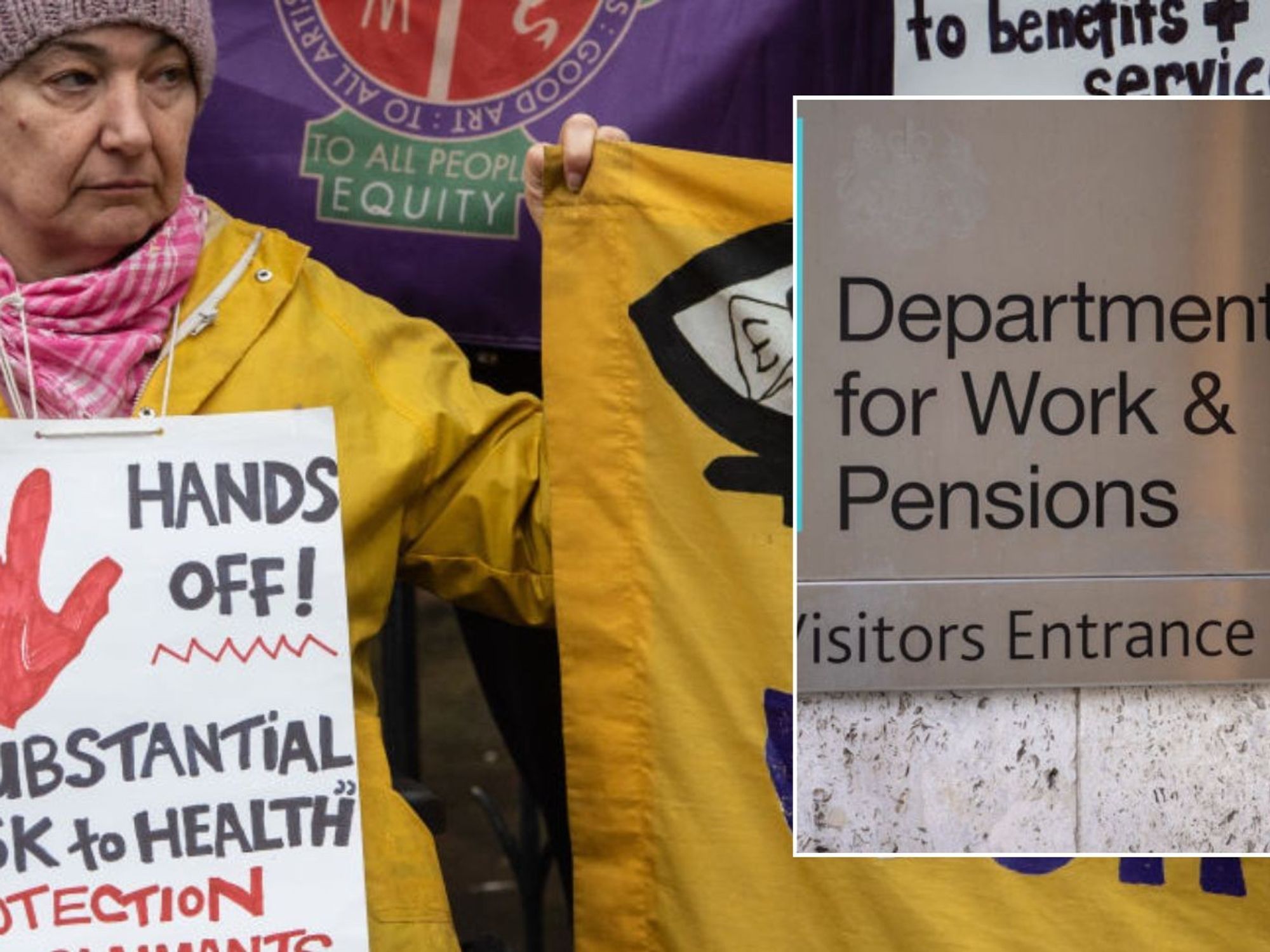 DWP sign and disability rights activists
