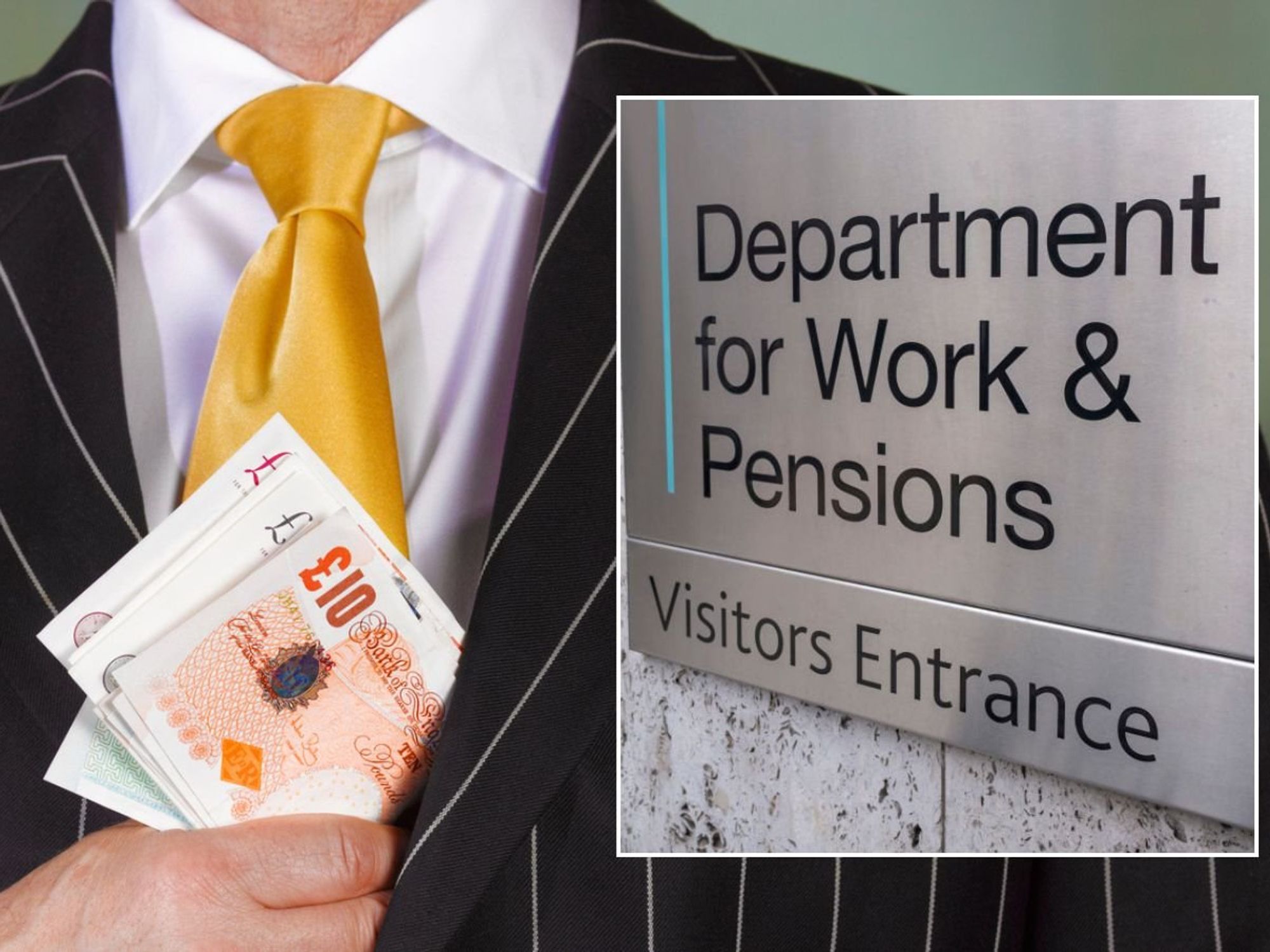 DWP sign and man holding pound notes
