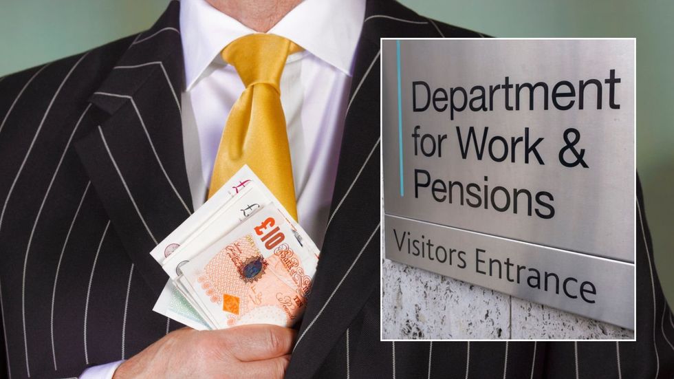 DWP sign and man holding pound notes