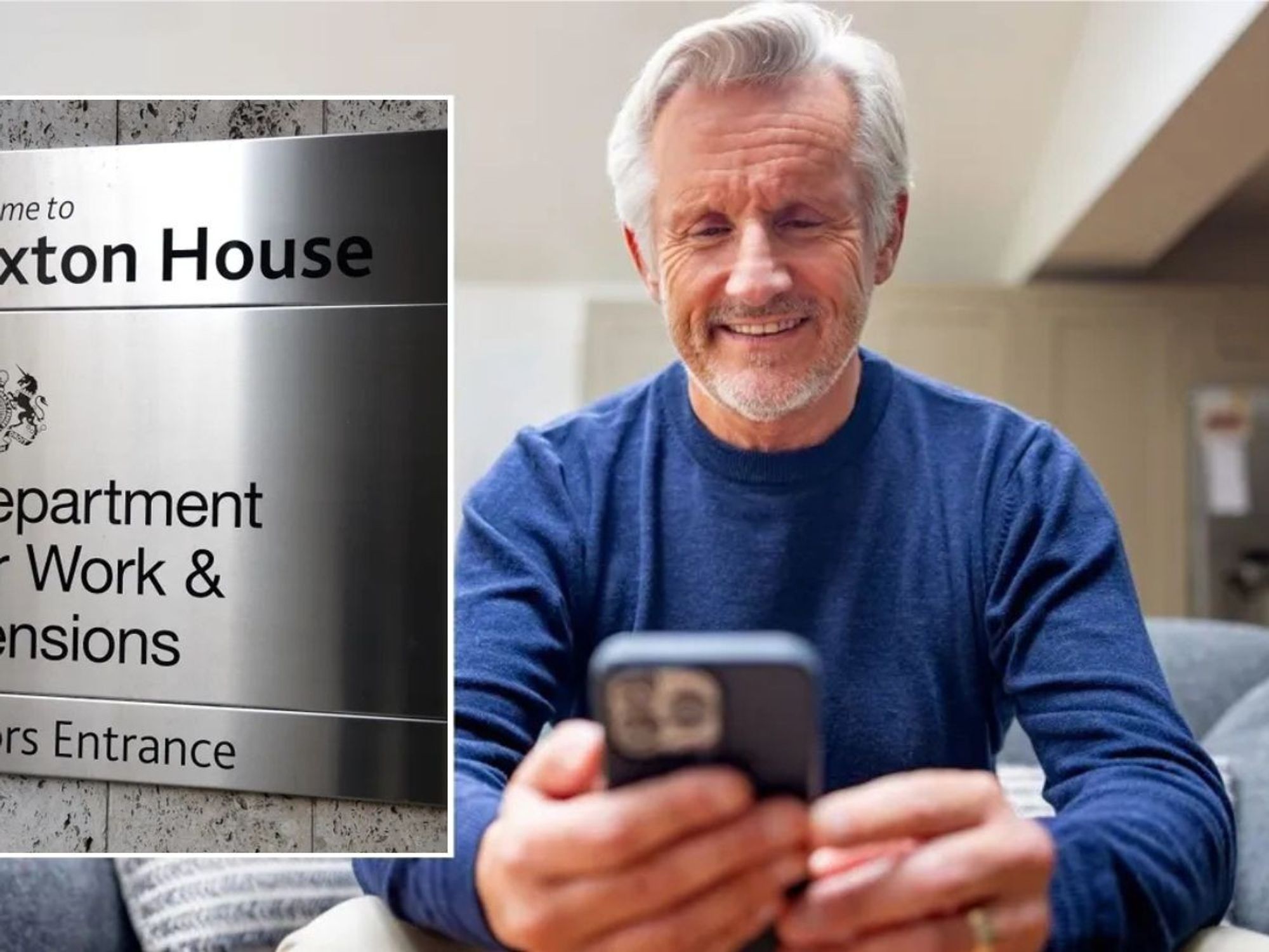 DWP sign and man looking at phone