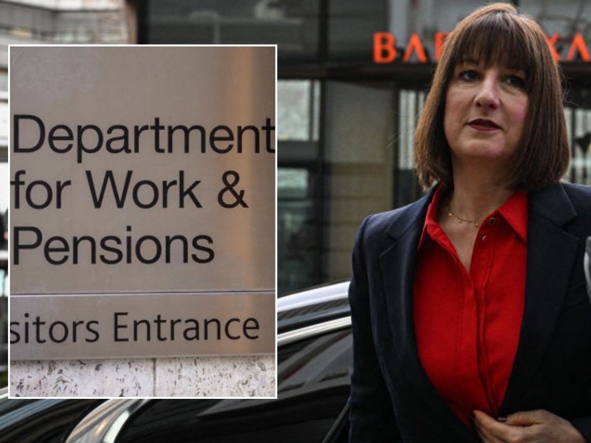 DWP sign and Rachel Reeves