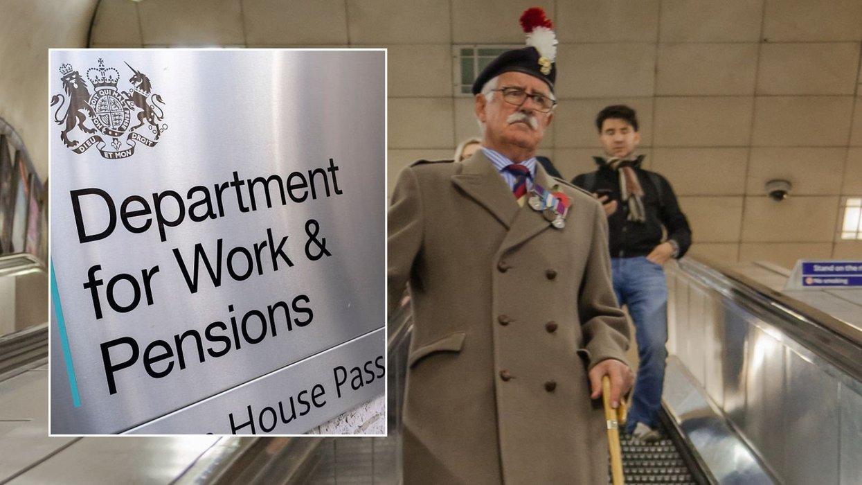 DWP sign and veteran on the tube