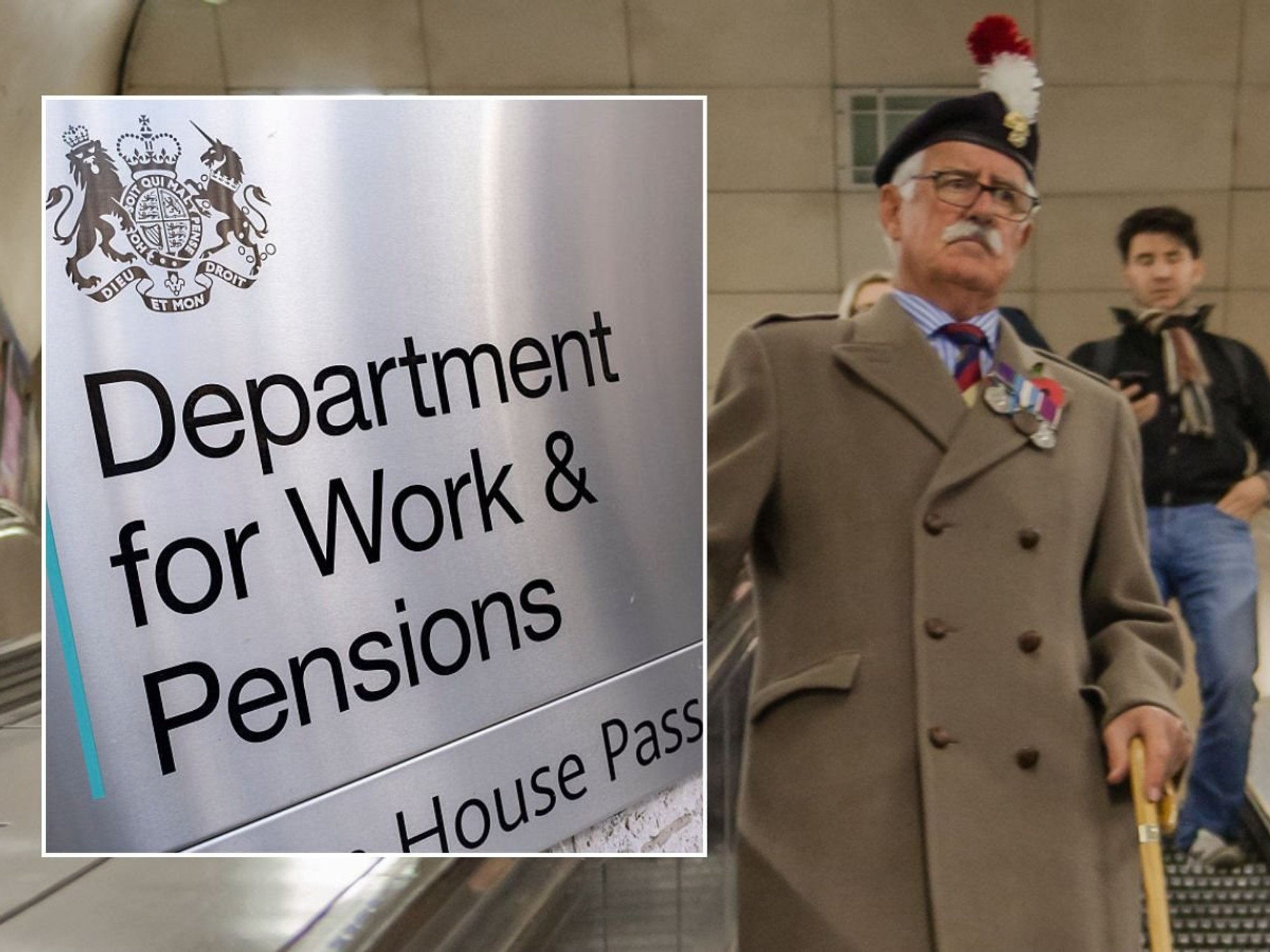 DWP sign and veteran on the tube