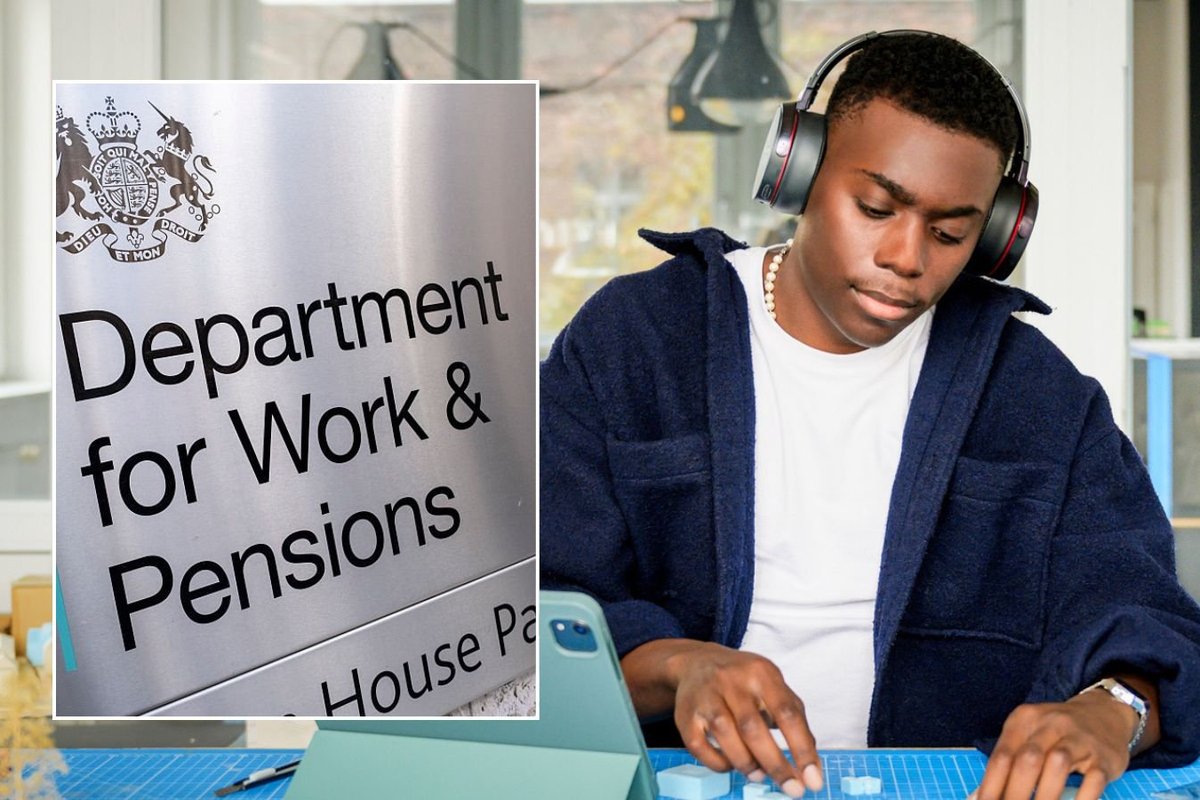 DWP sign and young man working