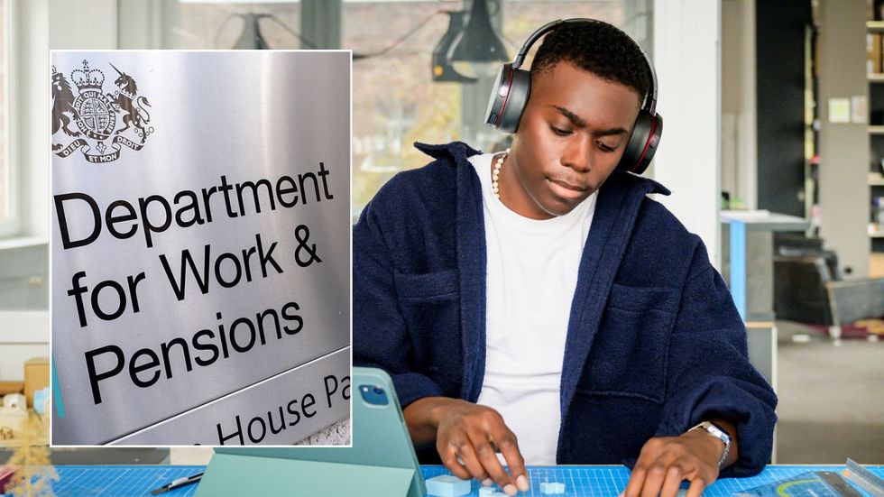 DWP sign and young man working