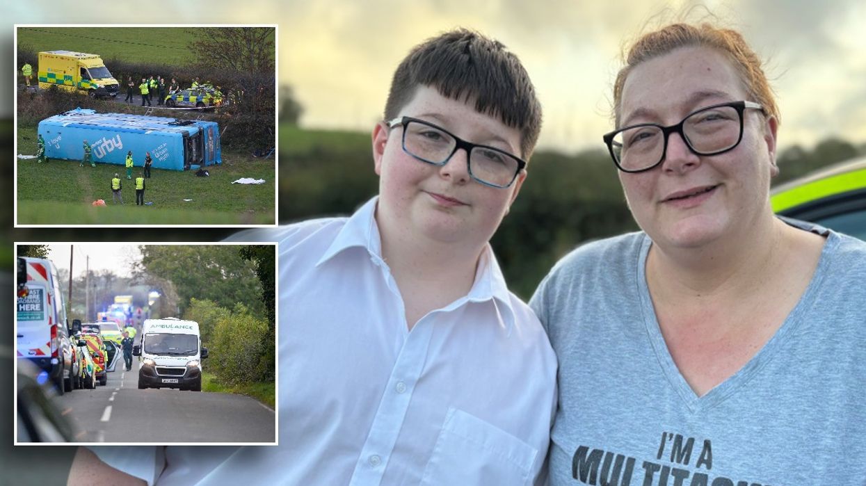 Dylan Lee, 12, and his mum Stacey Lee; Emergency workers at the scene of a school bus crash on the Ballyblack Road East near Carrowdore in Northern Ireland