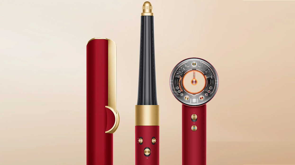 Dyson Airwrap, Airstraight, and Supersonic Nural hair dryer pictured in new Red Velvet & Gold colourway