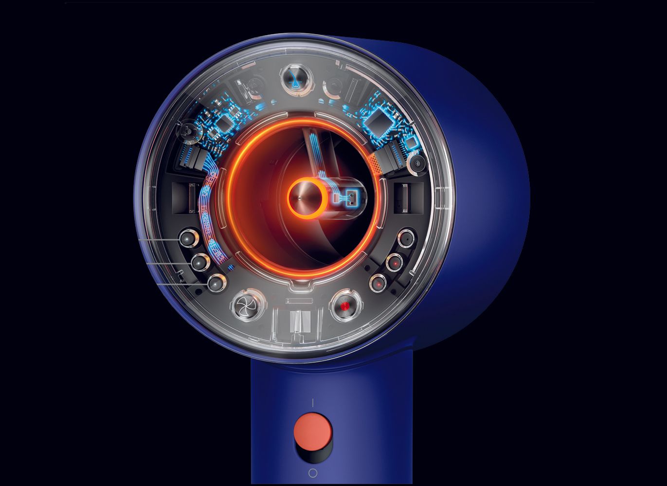 dyson nural design revealed with clear plastic around around the head to show circuit board