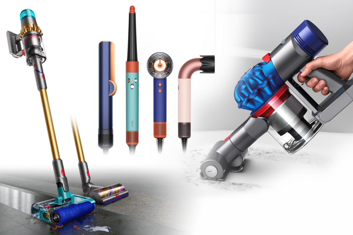 Dyson products shown in-use in a variety of colours on a white background