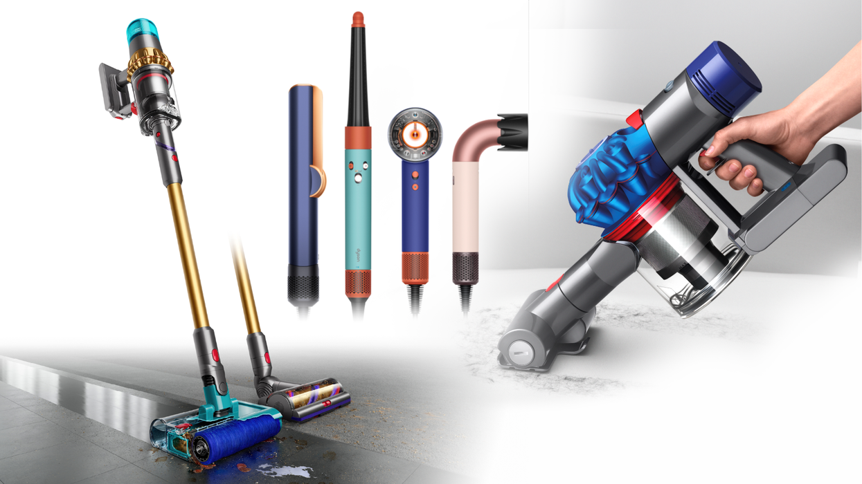 Dyson products shown in-use in a variety of colours on a white background
