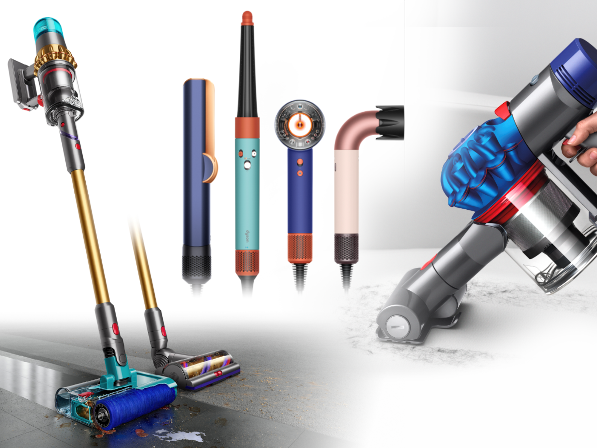 Dyson products shown in-use in a variety of colours on a white background