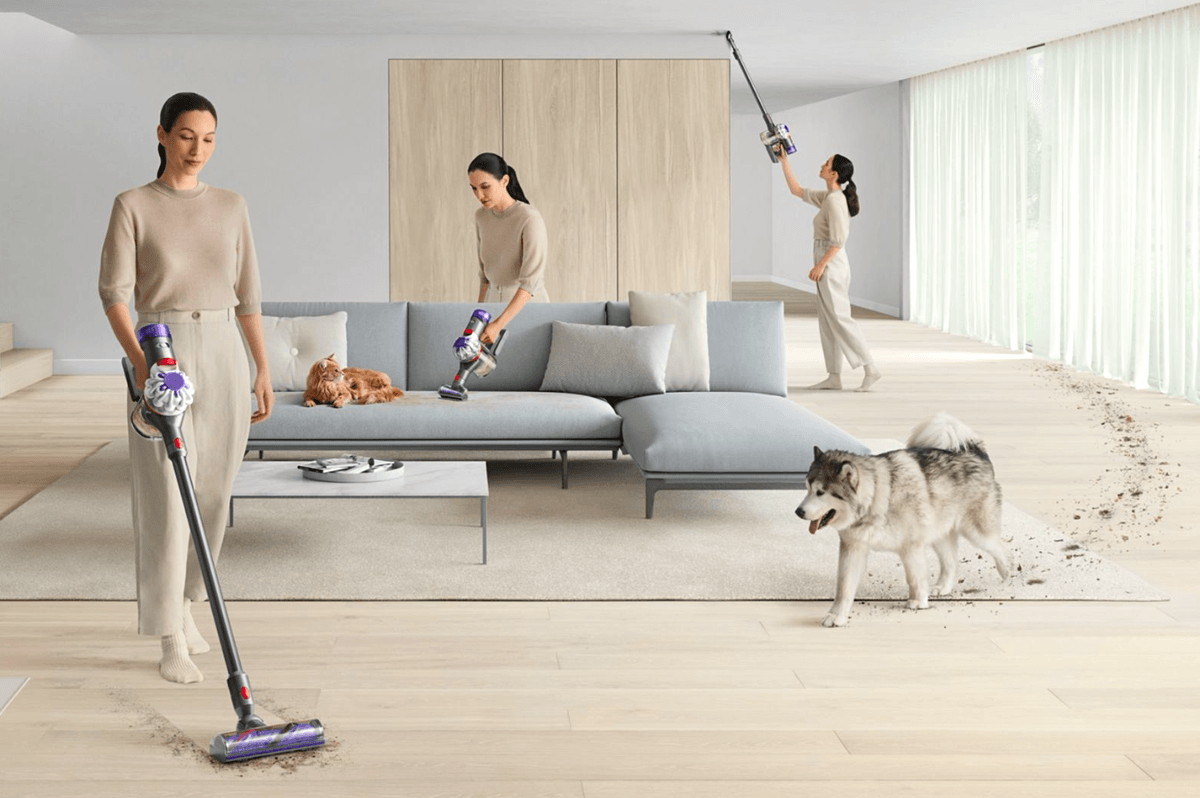 Dyson vacuum cleaner pictured in the living room in a purple shade cleaning after various pets