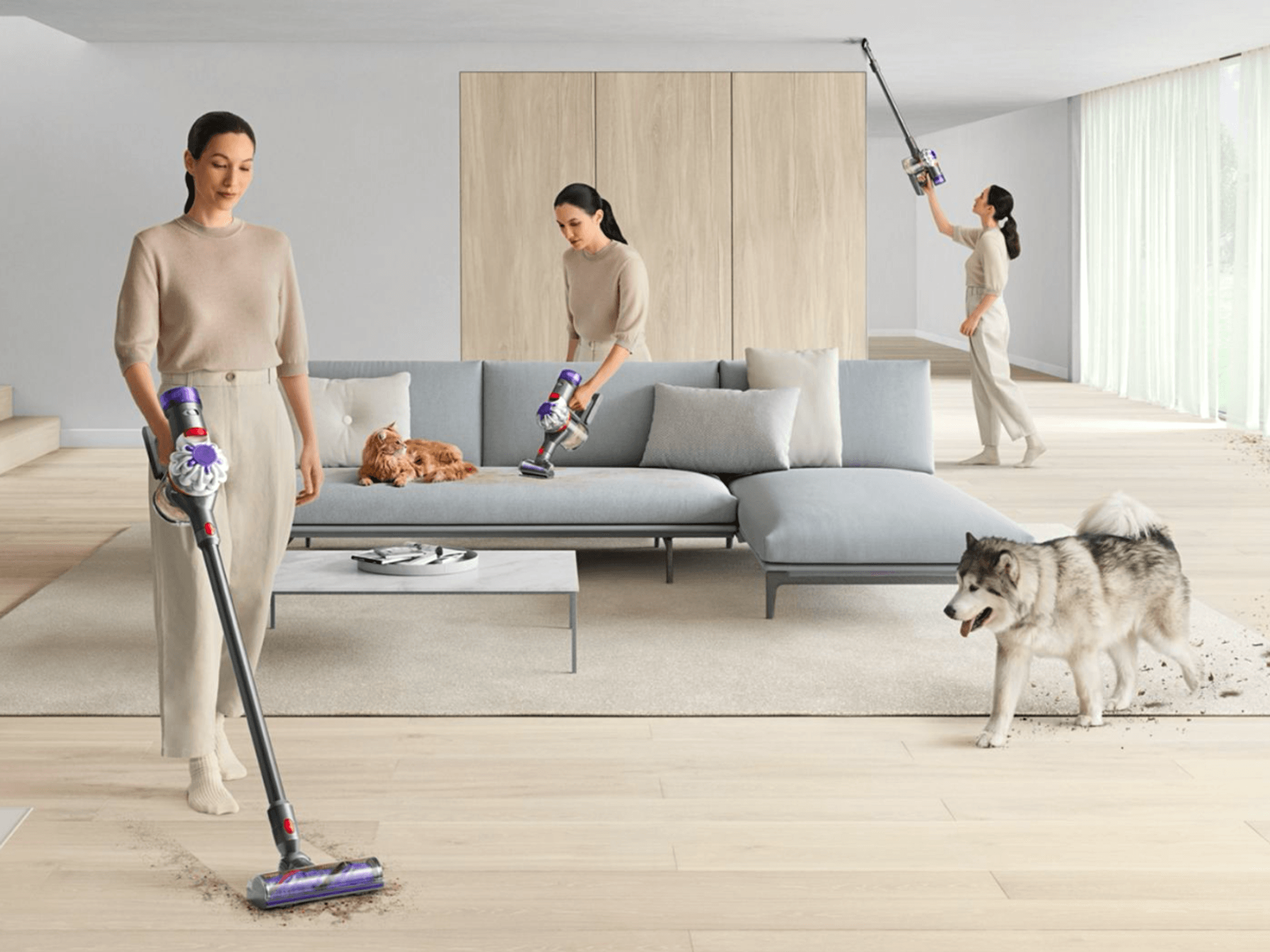Dyson vacuum cleaner pictured in the living room in a purple shade cleaning after various pets