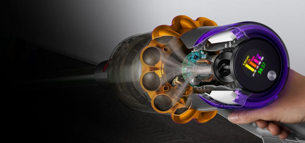 dyson vacuum cleaner with a cross-section of the motor and particle counter system