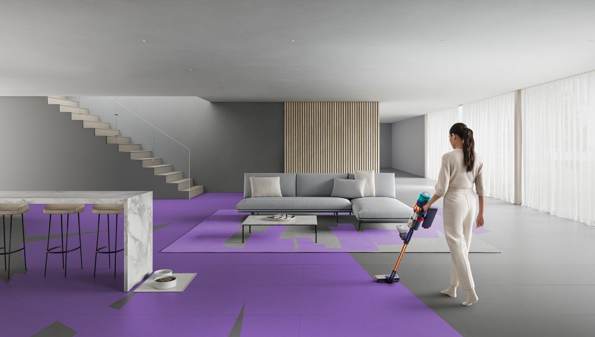 dyson vacuum cleaner with purple lines showing where the head has already traveled and where there is still room to clean