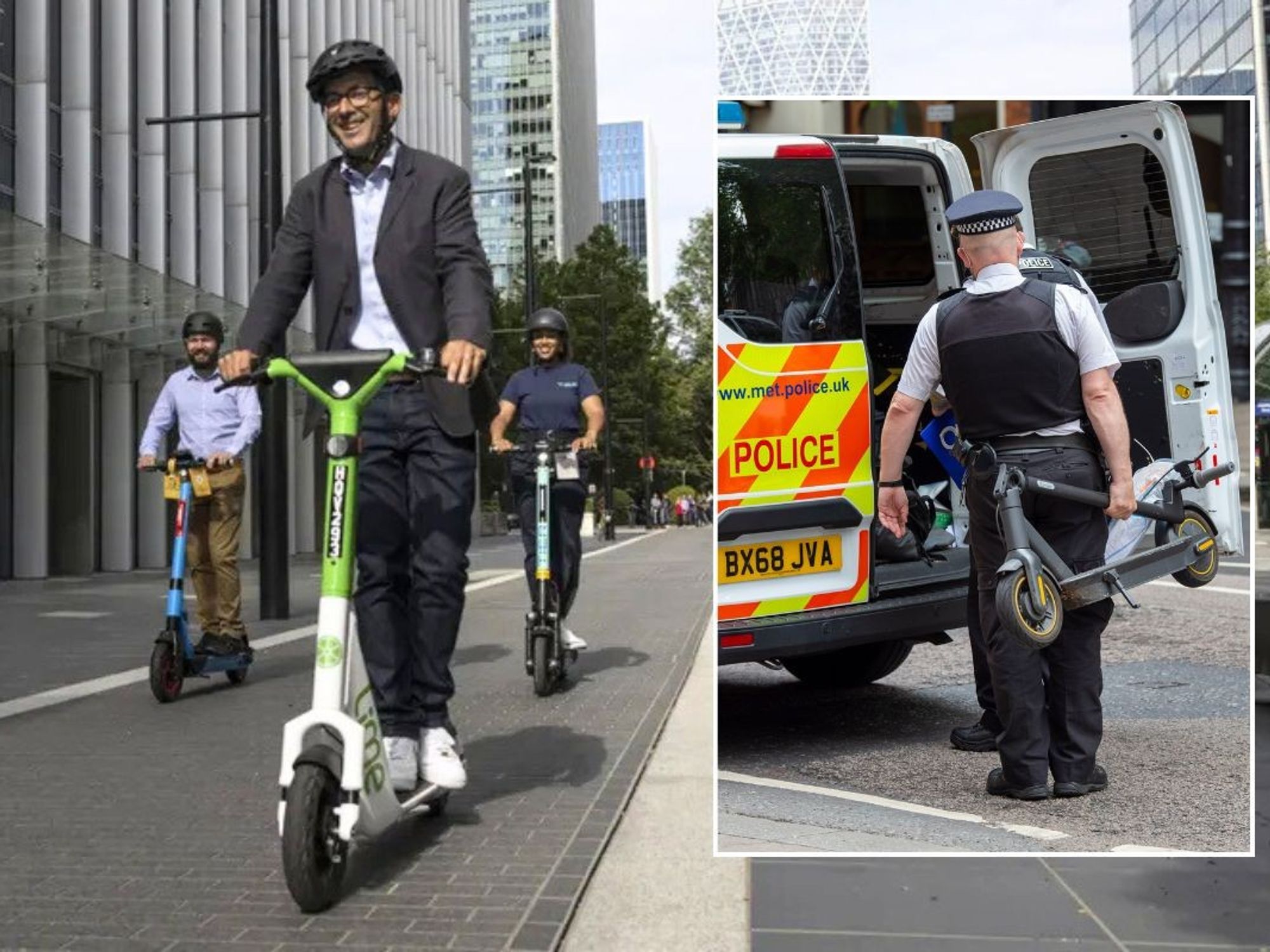 E-scooter and a police officer taking an e-scooter away