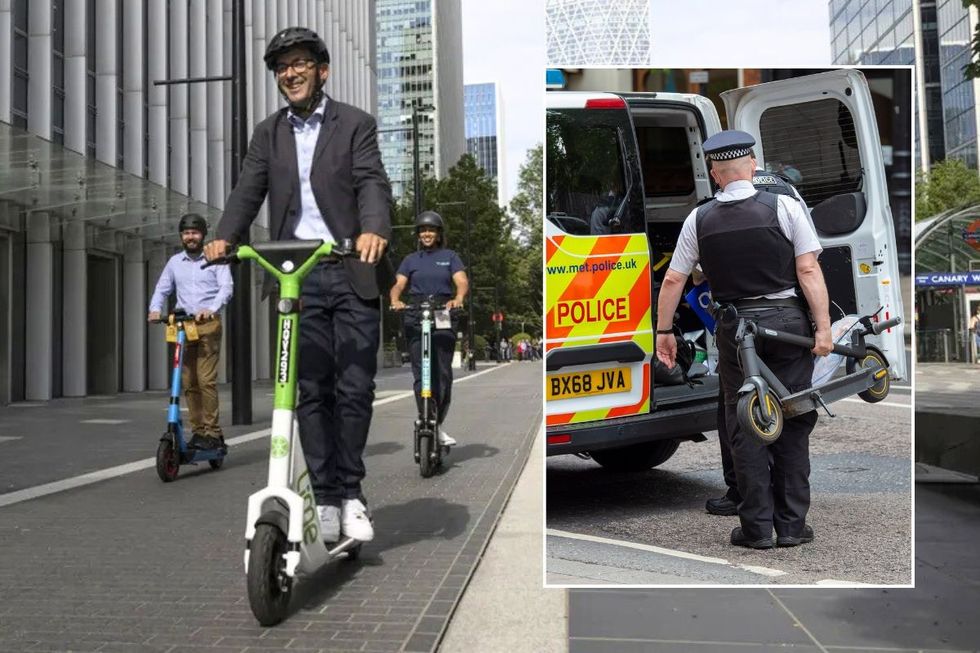 E-scooter and a police officer taking an e-scooter away