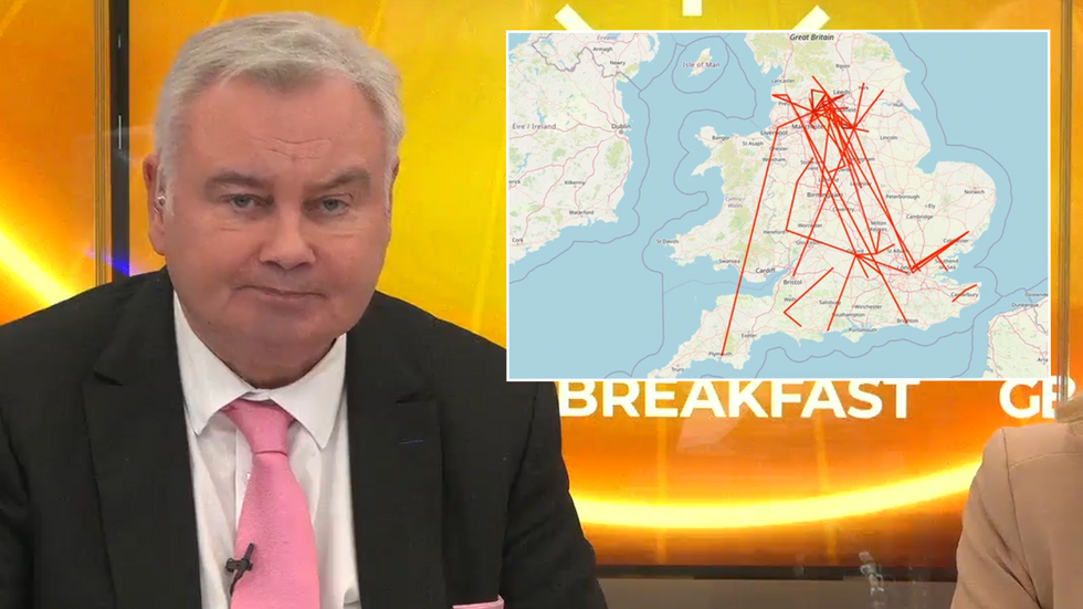 Eamonn Holmes with an inset image of a map detailing the extent of grooming gang networks in Britain