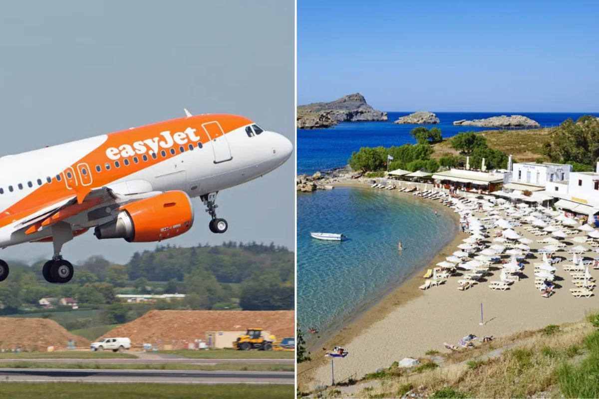 easyJet plane / Sunny beach with bright blue sea in Rhodes