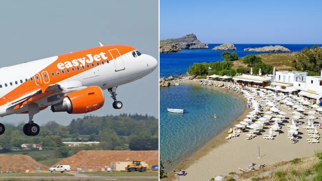 easyJet plane / Sunny beach with bright blue sea in Rhodes