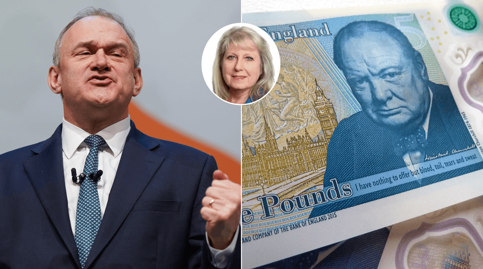 Ed Davey (left), Susan Hall (middle), five pound note