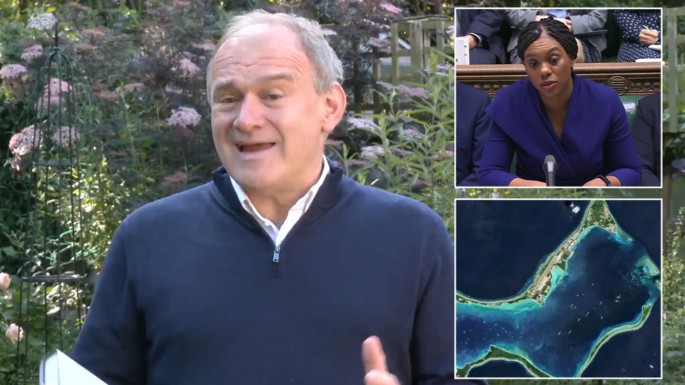 Ed Davey with inset images of Kemi Badenoch and the Chagos Islands