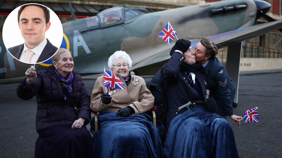 Ed McGuinness (left), war veterans in front of spitfire (right)