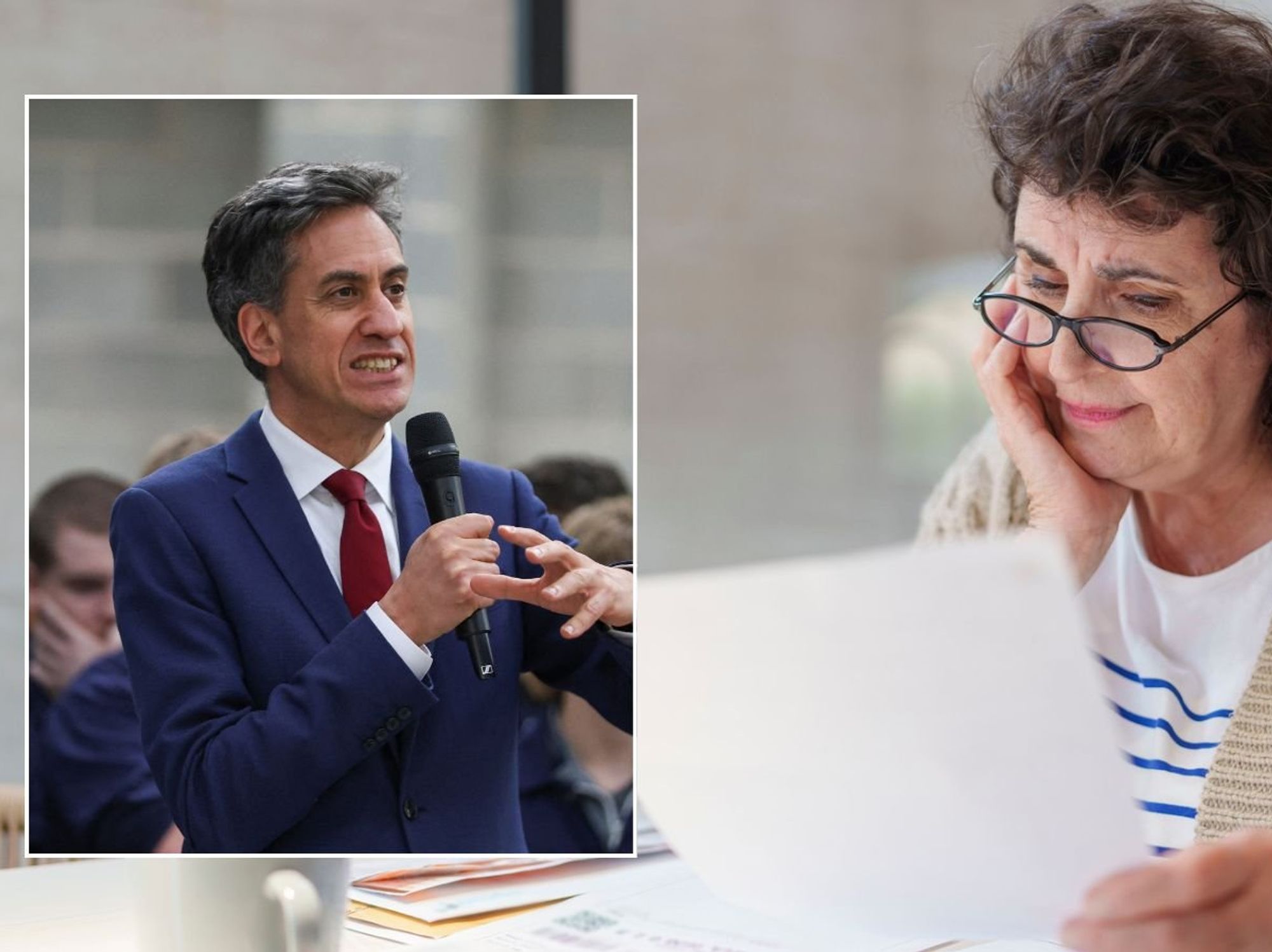 Ed Miliband and older woman looking at energy bill