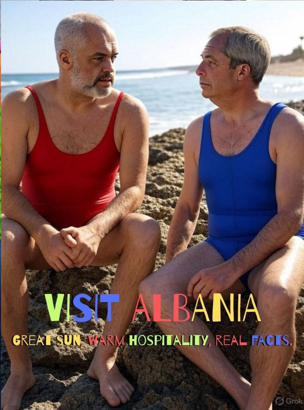 Edi Rama/Nigel Farage on a beach