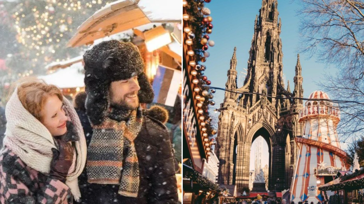 Edinburgh Christmas Market / couple in the snow at Christmas market