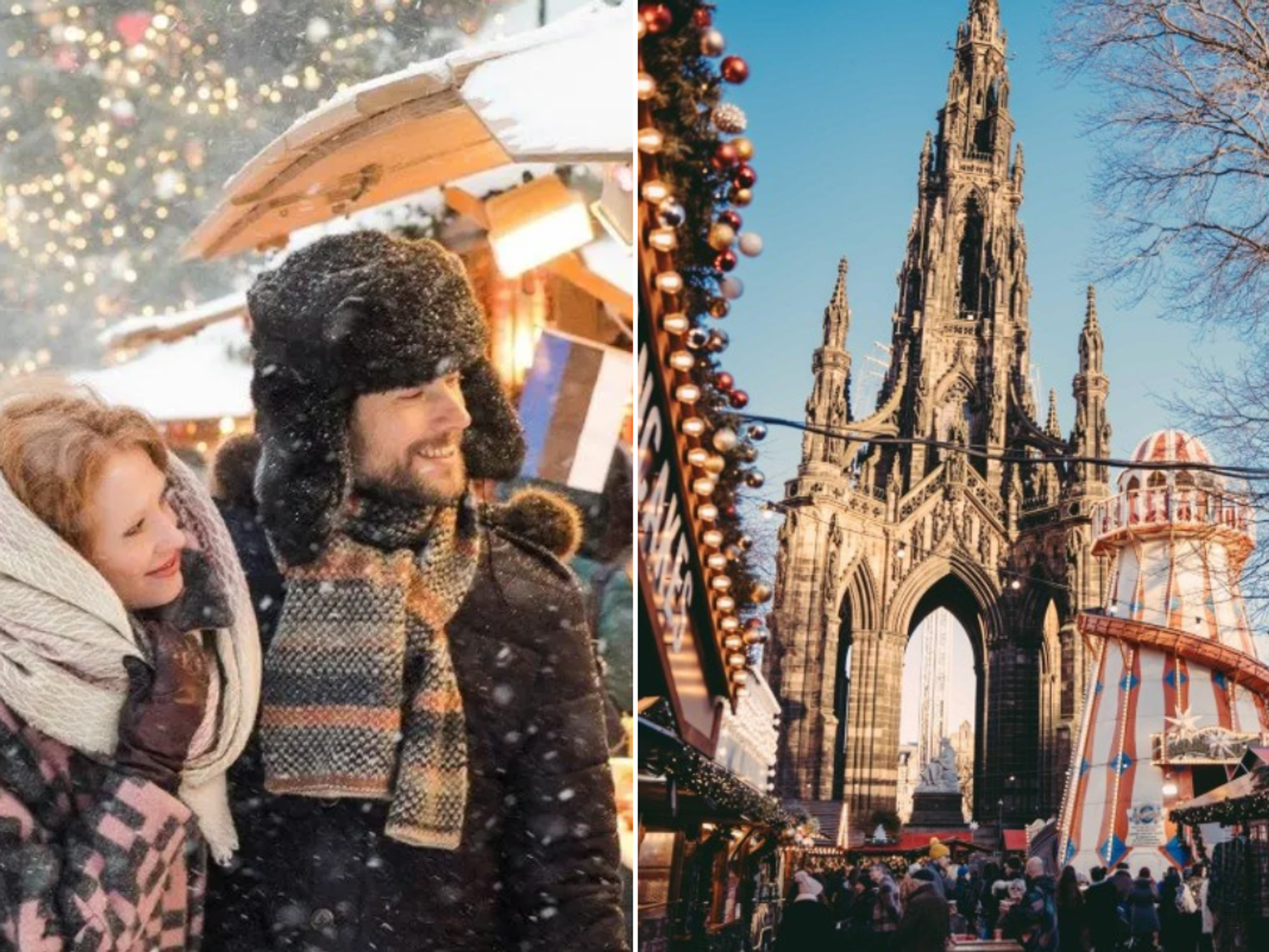 Edinburgh Christmas Market / couple in the snow at Christmas market