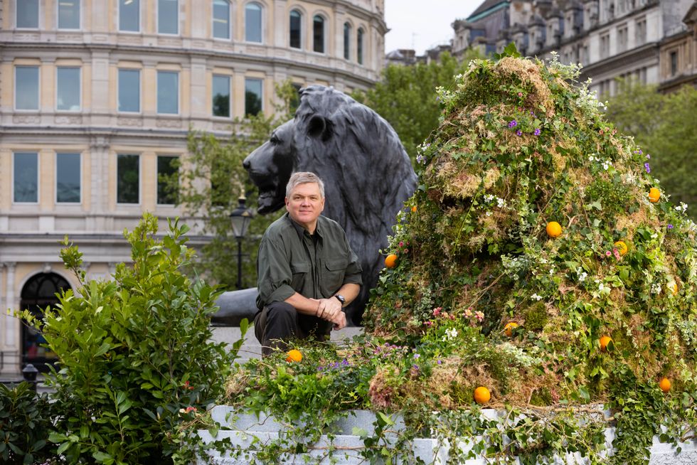 EDITORIAL USE ONLYRay Mears stands in a \u2018wild\u2019 Trafalgar Square, as it is covered in plants and flowers to launch innocent Drinks\u2019 \u2018The Big Rewild\u2019 campaign, an initiative to rewild and protect 2 million hectares of land. Picture date: Wednesday April 27, 2022. PA photo. The temporary installation, which is made up of over 6000 plants, flowers, and trees, aims to raise awareness of the importance of biodiversity in urban spaces. As part of the campaign, innocent are partnering with the Orchard Project to give away three million seeds via plantable seed papers on the day and educate on the importance of nature in tackling climate change. Visitors to the site are also invited to pick up and rehome one of the plants. Photo credit should read: David Parry/PA Wire