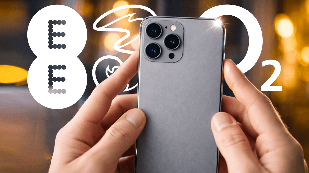 EE, Three, O2 logos behind hands holding a mobile
