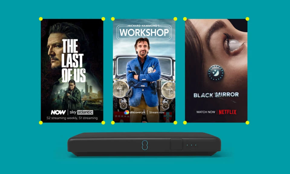 EE TV Box Pro on a teal background with screenshots of TV shows available to watch on Sky TV and Netflix
