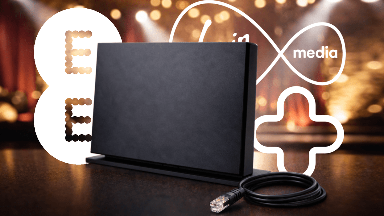 EE, Virgin Media, and Plusnet logos with Wi-Fi router sitting on a table